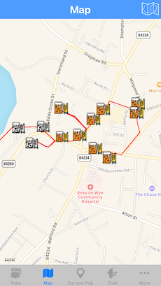 A map of all the historic pubs in an ale trail, indicating which ones have been visited